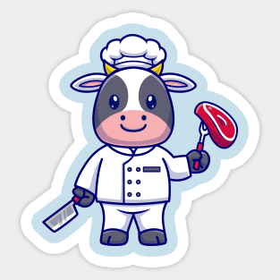 Cute Cow Chef Cooking Meat Cartoon Sticker